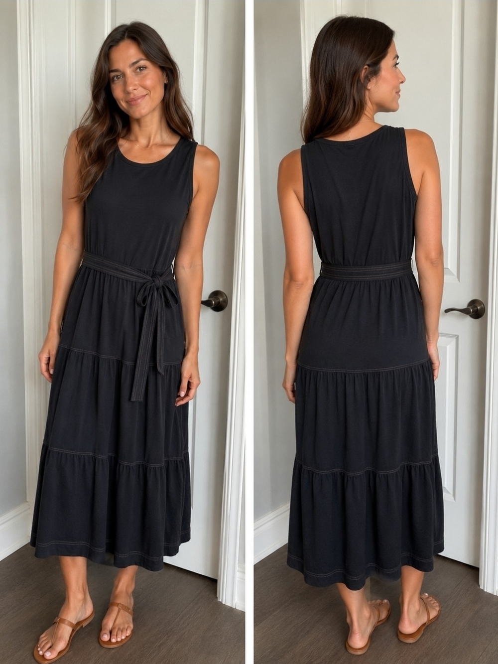 For Cynthia Black Sleeveless Tiered Maxi Dress with Waist Tie NEW XL